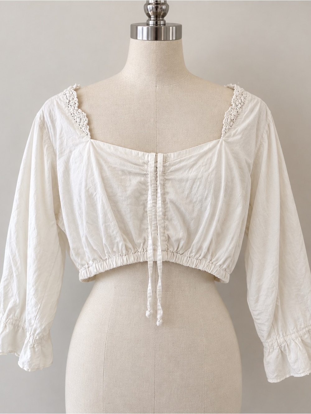 Cropped Cream Peasant Blouse with Lace Straps